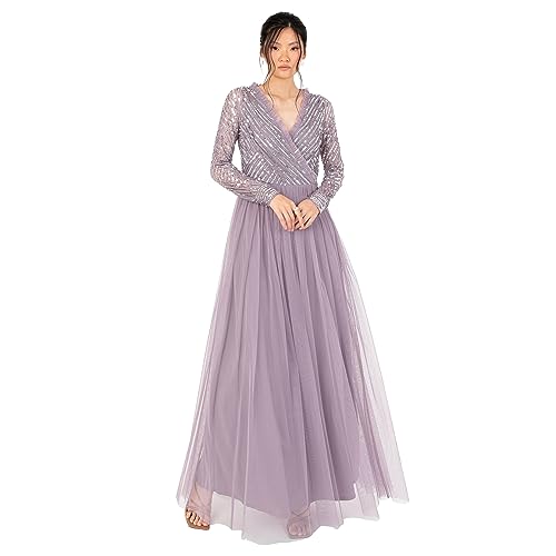 Women's Maxi Dress Ladies Embellished Wrap Tulle Frilly V-Neck Long Sleeve for Wedding Guest Bridesmaid Prom Ball Gown, Moody Lilac, 46 von Maya Deluxe