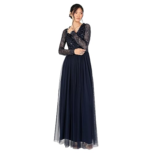 Women's Maxi Dress Ladies Embellished Wrap Tulle Frilly V-Neck Long Sleeve for Wedding Guest Bridesmaid Prom Ball Gown, Navy, 52 von Maya Deluxe