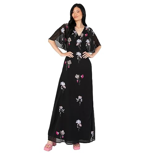 Maya Deluxe Women's Maxi Ladies Floral Embellished Wrap V Neckline Flutter Sleeve for Wedding Guest Occasion Prom Ball Gown Dress, Black, 32 von Maya Deluxe