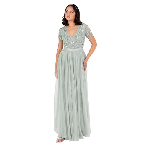 Maya Deluxe Women's Maxi Ladies Floral Sequin Embellished V-Neck Short Sleeve Tulle Sash Tie Belt Empire A-line Bridesmaid Dress, Green Lily, 38 von Maya Deluxe