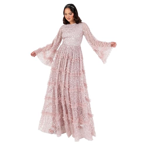 Maya Deluxe Women's Maxi Ladies Modest Round Neck Long Bell Sleeve Sequin Embellished Tiered Ruffle A-line Bridesmaid Prom Dress, Frosted Pink, 54 von Maya Deluxe