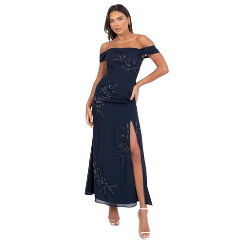 Maya Deluxe Women's Maxi Ladies Off Shoulder Bardot Sleeveless A-line Split Slit Embroidered Bead Embellished Evening Prom Dress, Navy Blue, 40 von Maya Deluxe