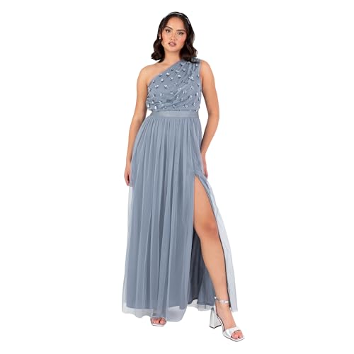 Maya Deluxe Damen Women's Maxi Ladies One Shoulder Sleeveless Floral Sequin Embellished Sash Tie Belt Tulle A-line Split Bridesmaid Dress, Dusty Blue, 48 EU von Maya Deluxe