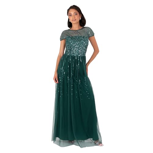 Maya Deluxe Damen Women's Maxi Ladies Round Neck Cap Sleeve Stripe Sequin Embellished Tulle A-line Evening Occasion Prom Ball Gown Dress, Emerald Green, 40 EU von Maya Deluxe