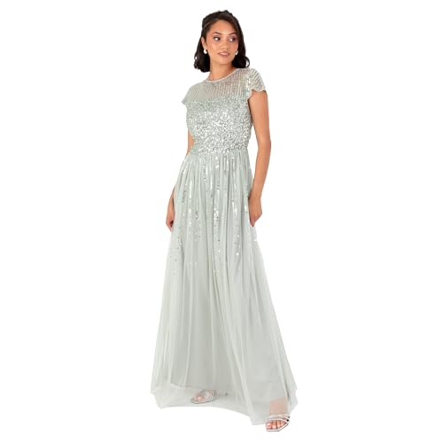 Maya Deluxe Women's Maxi Ladies Round Neck Cap Sleeve Stripe Sequin Embellished Tulle A-line Evening Occasion Prom Ball Gown Dress, Green Lily, 40 von Maya Deluxe
