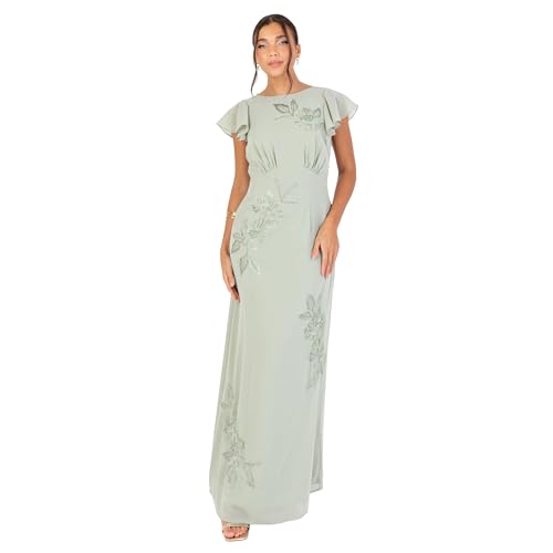 Maya Deluxe Women's Maxi Ladies Round Neck Short Cap Sleeve Cowl Back Floral Embroidered Bead Embellished A-line Wedding Guest Dress, Green Lily, 42 von Maya Deluxe