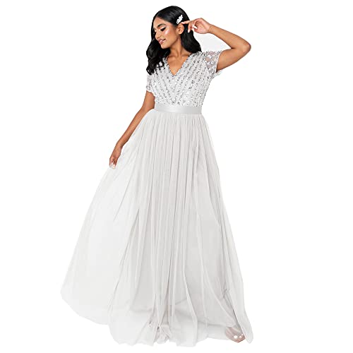 Maya Deluxe Damen Maya Deluxe Women's Maxi V-neck Ball Gown Short Sleeves Long Elegant Empire Waist W Bridesmaid Dress, Soft Grey, 52 EU von Maya Deluxe