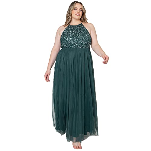 Maya Deluxe Women's Pailletten Cocktailkleid Damen Tüllkleid Kleid Nackenband Abendkleid Elegant für Hochzeit Brautjungfernkleid Bridesmaid Dress, Emerald Green, 42 von Maya Deluxe