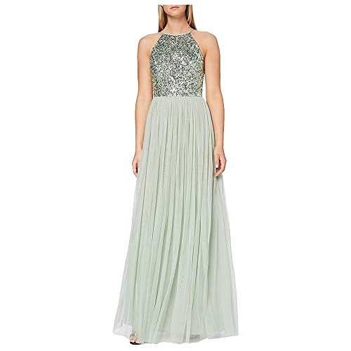 Maya Deluxe Women's Pailletten Cocktailkleid Damen Tüllkleid Kleid Nackenband Abendkleid Elegant für Hochzeit Brautjungfernkleid Bridesmaid Dress, Sage Green, 50 von Maya Deluxe