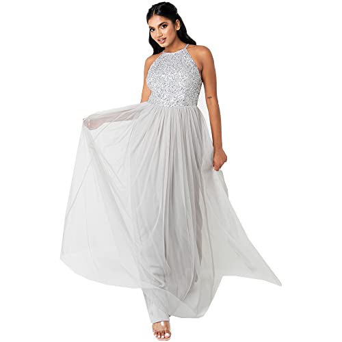 Maya Deluxe Damen Maxi for Women Halterneck Sequins Decorated Prom Wedding Special Occasion Bridesmaid Dress, Soft Grey, EU 50(UK 22) von Maya Deluxe