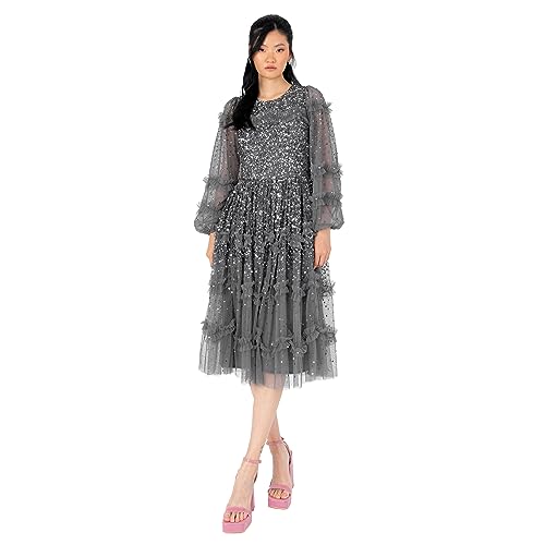 Maya Deluxe Women's Midi Dress Ladies Long Sleeve Sequin Embellished Ruffle for Wedding Guest Bridesmaid Occasion Evening Ball Gown, Charcoal, 38 von Maya Deluxe