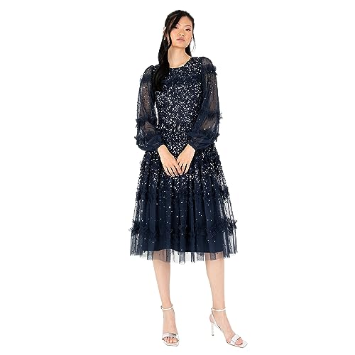 Maya Deluxe Women's Midi Dress Ladies Long Sleeve Sequin Embellished Ruffle for Wedding Guest Bridesmaid Occasion Evening Ball Gown, Navy, 40 von Maya Deluxe