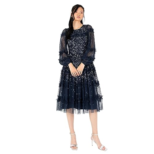 Maya Deluxe Women's Midi Dress Ladies Long Sleeve Sequin Embellished Ruffle for Wedding Guest Bridesmaid Occasion Evening Ball Gown, Navy, 44 von Maya Deluxe