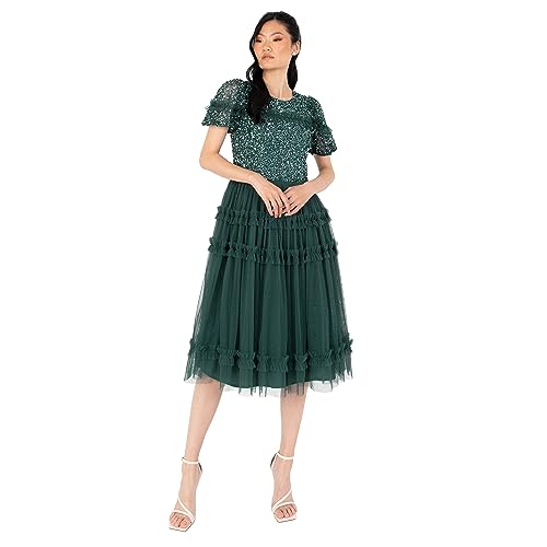 Maya Deluxe Women's Midi Dress Ladies Sequin Embellished Short Sleeve Ruffle for Wedding Guest Bridesmaid Occasion Evening Ball Gown Kleid, Emerald Green, 50 von Maya Deluxe