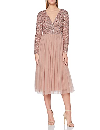 Maya Deluxe Damen Maya Deluxe Midi Elegant Hochzeit Ärmel Tiefer V Ausschnitt Pailletten Cocktailkleid Abschlussball Bridesmaid Dress, Pale Mauve, 46 EU von Maya Deluxe