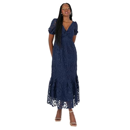 Maya Deluxe Women's Midi Ladies V-Neck Short Puff Sleeves Twist Front Lace Tiered Bottom Hemline A-line Wedding Guest Occasion Dress, Navy Blue, 38 Maya Deluxe Women's Midi Ladies V-Neck Short Puff Sleeves Twist Front Lace Tiered Bottom Hemline A-line Wedding Guest Occasion Dress, Navy Blue, 38 von Maya Deluxe
