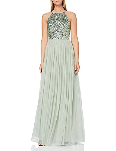 Maya Deluxe Women's Pailletten Cocktailkleid Damen Tüllkleid Kleid Nackenband Abendkleid Elegant für Hochzeit Brautjungfernkleid Bridesmaid Dress, Sage Green, 44 von Maya Deluxe