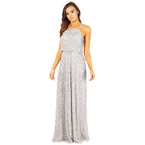 Maya Deluxe Women's Soft Grey Halter Neck Embellished Maxi with Drape Over Waist Bridesmaid Dress, 38 von Maya Deluxe