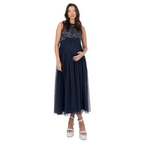 Maya Deluxe Women's Womens Ladies Maternity for Pregnant Wedding Guest Midaxi Sleeveless Sequin Embellished Tulle Crew Neck Bridesmaid Dress, Navy Blue, 32 von Maya Deluxe