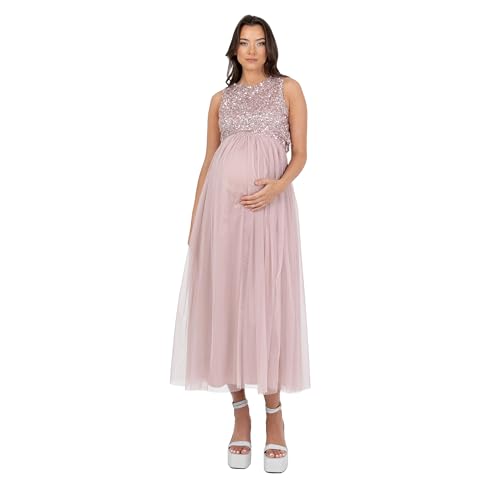 Maya Deluxe Women's Womens Ladies Maternity for Pregnant Wedding Guest Midaxi Sleeveless Sequin Embellished Tulle Crew Neck Bridesmaid Dress, Soft Pink, 36 von Maya Deluxe