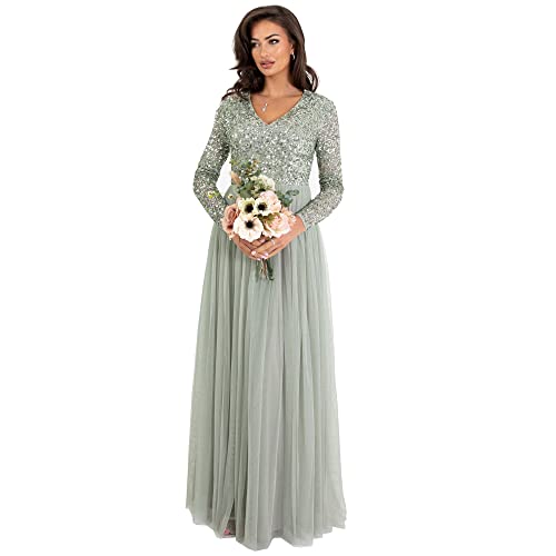 Maya Deluxe Damen Womens Ladies Sleeve for Wedding Guest V Neck High Empire Waist Maxi Long Length Evening Bridesmaid Prom Dress, Green Lily, 50 EU von Maya Deluxe