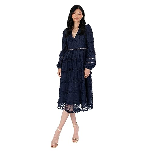 Maya Deluxe Women's Womens Midi Ladies Floral Embroidered Lace Long Sleeve V-Neck for Wedding Guest Bridesmaid Prom Occasion Ball Gown Dress, Navy, 42 von Maya Deluxe