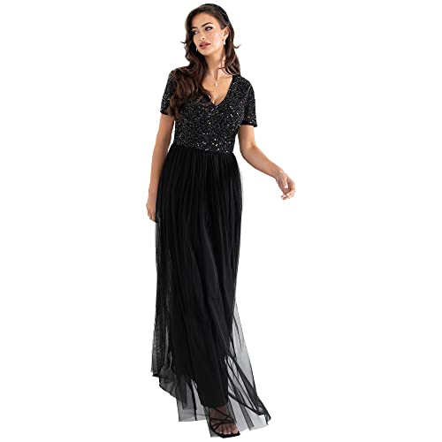 Maya Deluxe Damen Ballkleid Abendkleid V-Ausschnitt Maxi Länge Pailletten Kurze Ärmel Für Hochzeit Geburtstag Brautjungfer Bridesmaid Dress, Schwarz, 40 EU von Maya Deluxe