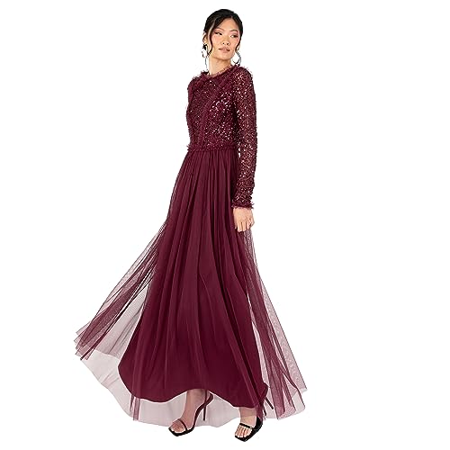 Women's Maxi Dress Ladies Crew Neck Long Sleeve Sequin Embellished Tulle Ruffle for Wedding Guest Bridesmaid Ball Gown, Red Berry, 44 von Maya Deluxe