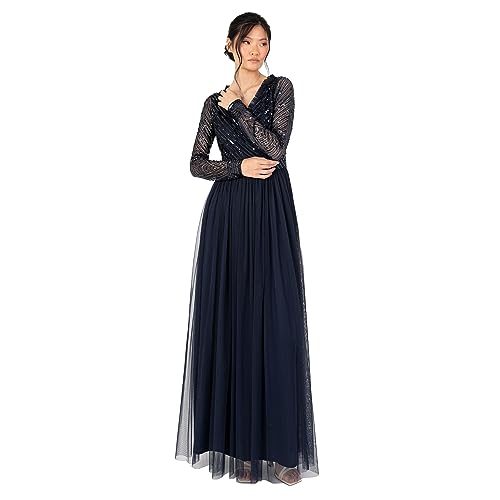Women's Maxi Dress Ladies Embellished Wrap Tulle Frilly V-Neck Long Sleeve for Wedding Guest Bridesmaid Prom Ball Gown, Navy, 44 von Maya Deluxe