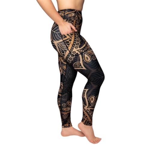 Maya Freya Golden Mandala Leggings – Hohe Taille Blickdicht rutschfest mit Handytaschen – Bequem und stilvoll für den Alltag von Maya Freya