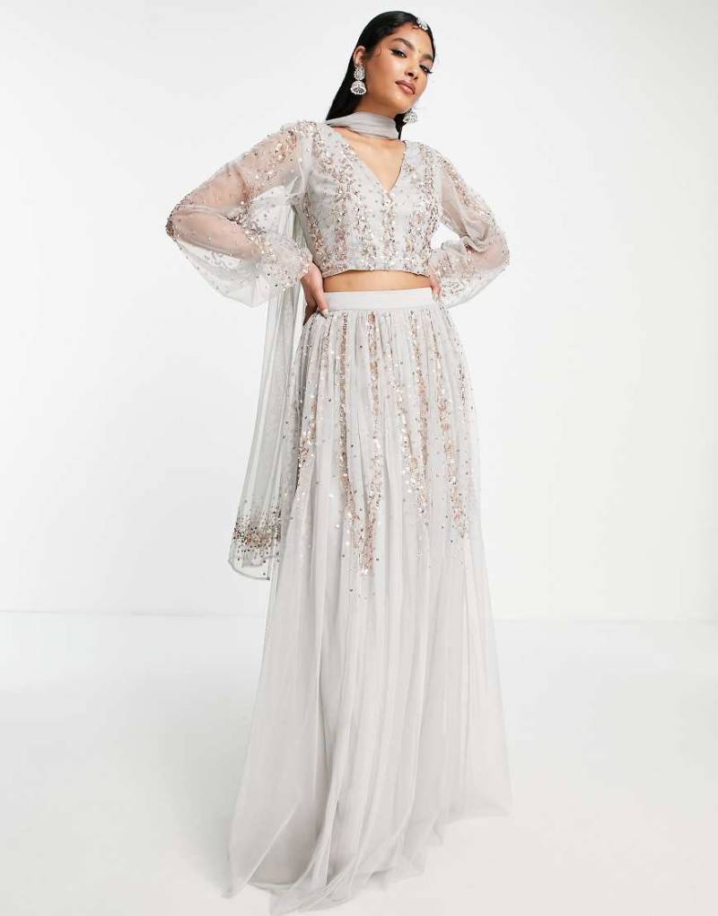 Maya - Durchgehend verzierter Lehenga-Maxirock in Grau von Maya