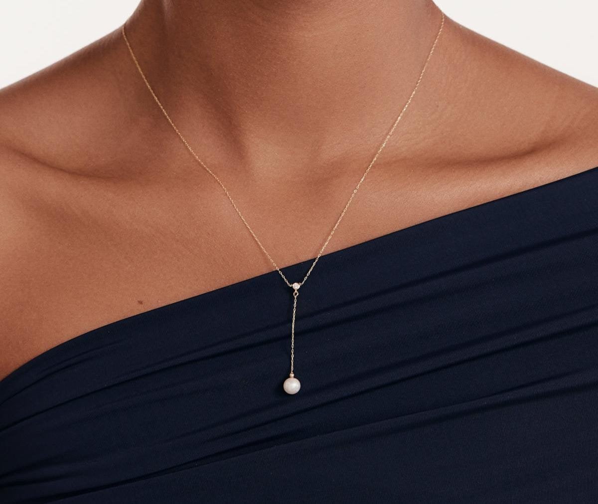 Lariat-Halskette Mit Diamant-Lünette Aus 14-Karätigem Gold | Perlen Y-Halskette Für Damen Zierliche Perlenkette 14K Echtgoldschmuck Geschenk Sie von MayaAndMia