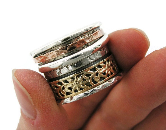 Silber Gold Farbener Spinner Ring. Ring Aus Silber. Breiter Mix-Ring. Floraler Sorgenring. Fauler Ring, Ehering von MayaOr