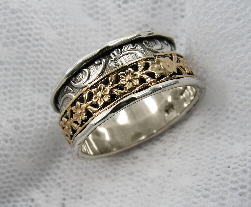 Spinnerring.sorgenringe. Meditationsring Sterlingsilber-Gold-Blumen-Spinnering. Breiter Spinnerring. Geburtstagsgeschenk | Gsr-7051-966-972-965 von MayaOr