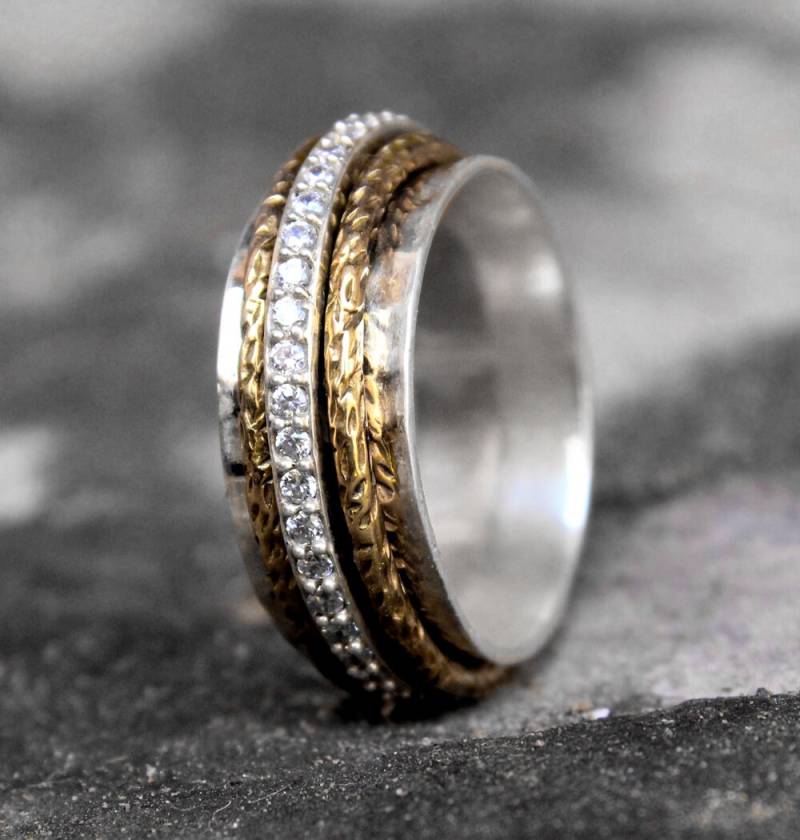 Cz Sterling Silber Spinner Ring Zweifarbiger Angst Relief Meditations Schmuck von MayaStudio