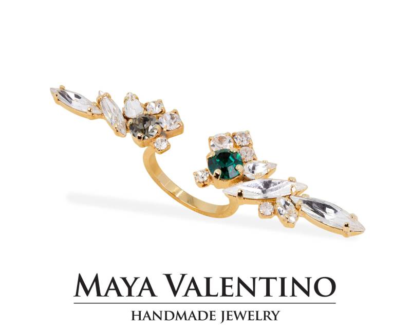Smaragd Ring, Statement Swarovski Paar Kristall Verstellbarer Designer Doppel Geburtsstein Zarter Ring von MayaValentino