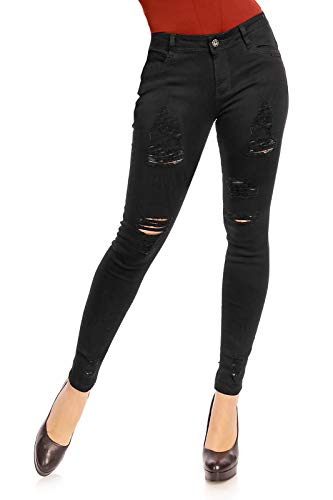 Mayaadi Damen Hose Jeans Pants Denim Look Skinny RÖHRENJEANS LÖCHERN Stretch HÜFTJEANS Slim Push UP Hose 705-2 SCHWARZ M von Mayaadi