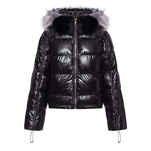 Mayaadi Damen Jacke Parka Glänzend Steppjacke Lack Optik Winterjacke Kunstfell XXL Kapuze Wet Look Herbst Hochglanz Warme Winterparka Moderne Gesteppt Winter SW05 Schwarz L von Mayaadi