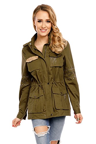 Mayaadi Damen Jacke Parka Übergangsjacke Weste Mantel Blogger Aufnäher Patches Glitzersteine NK2541 Olive M von Mayaadi