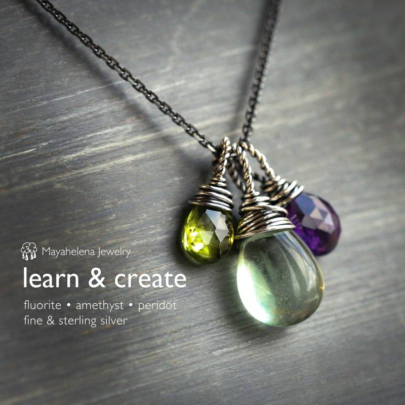 Lernen & Erstellen Sie Edelstein-Trio - Grüner Fluorit, Amethyst Und Peridot Sterling Silber Draht Gewickelt Halskette von Mayahelena