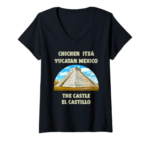 Damen Chichen Itza Hauptpyramide Das Schloss El Castillo T-Shirt mit V-Ausschnitt Damen Chichen Itza Hauptpyramide Das Schloss El Castillo T-Shirt mit V-Ausschnitt von Mayan Collection