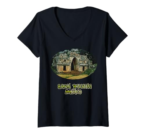 Damen Labná Arch - Labná Yucatán Maya-Stadt T-Shirt mit V-Ausschnitt von Mayan Collection