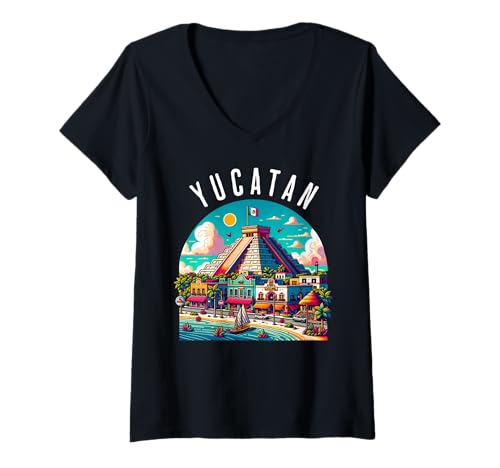 Damen Mexikanisches Erbe und Chichen Itza Yucatan T-Shirt mit V-Ausschnitt Damen Mexikanisches Erbe und Chichen Itza Yucatan T-Shirt mit V-Ausschnitt von Mayan Pyramid And Mexico Vacation Apparel
