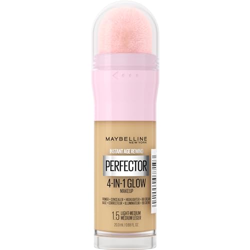 Maybelline New York 4-in-1 Make Up mit Concealer, BB Cream, Highlighter und Primer, für einen perfekten Teint, Foundation mit leichter Deckkraft, Instant Perfector Glow, Nr. 1.5 Light Medium, 20 ml von MAYBELLINE