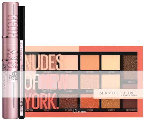 Makeup Set für einen perfekten Augen-Look, Mit Sky High Mascara, Hyper Easy Liquid Eyeliner (Nr. 800) und Nudes of New York Lidschattenpalette, 3-teilig von MAYBELLINE