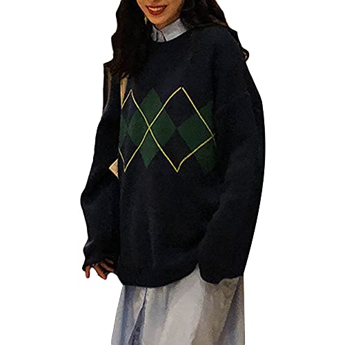 Mayber Damen Argyle Plaid Strickpullover Langarm Rundhals Lose Pulli Pullover Y2k Preppy Stil Geometrische Muster Strickoberteile (Navy blau, Einheitsgröße) von Mayber