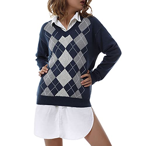 Damen Argyle Plaid Strickpullover Langarm Rundhals Lose Pulli Pullover Y2k Preppy Stil Geometrische Muster Strickoberteile (Z-Blau, M) von Mayber