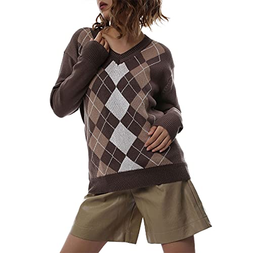 Damen Argyle Plaid Strickpullover Langarm Rundhals Lose Pulli Pullover Y2k Preppy Stil Geometrische Muster Strickoberteile (Z-Braun, M) von Mayber