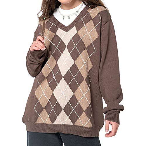 Damen Argyle Plaid Sweater Pullover Y2k Crewneck Langarm Oversized Knit Tops Preppy England Style E Girl Vintage Sweater (Braun, XL) von Mayber