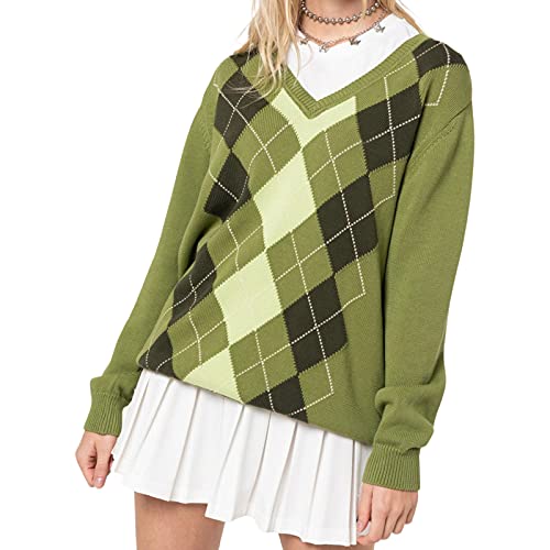 Damen Argyle Plaid Sweater Pullover Y2k Crewneck Langarm Oversized Knit Tops Preppy England Style E Girl Vintage Sweater (Grün, XL) von Mayber